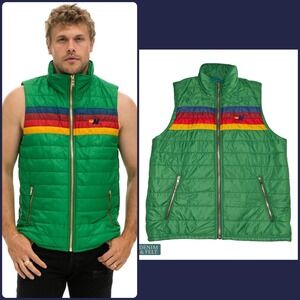 Aviator Nation Green Rainbow Stripe Quilted Puffer Vest Retro Ski Mens Medium